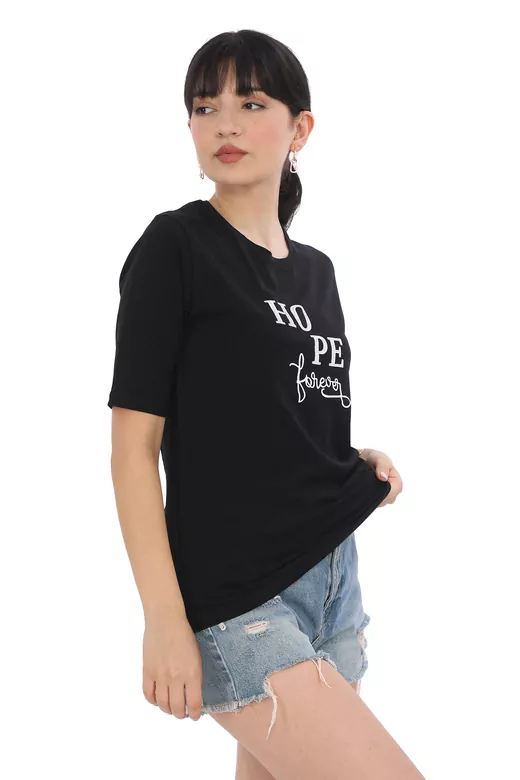 Pachie HOPE Yazı Baskılı Siyah Basic T-shirt (PC0061)