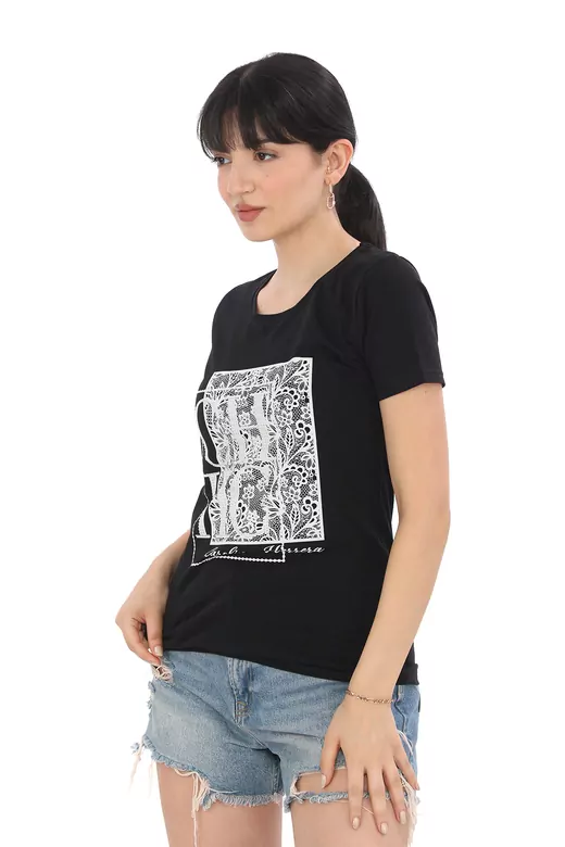 Pachie CH taş Baskılı Siyah Basic T-shirt (PC0065)