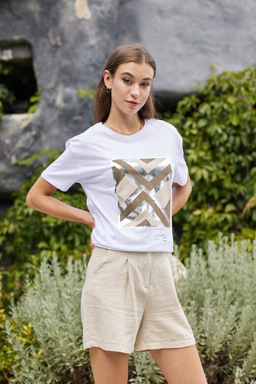 Pachie Yaldızlı Geometrik Baskılı Beyaz Renk shirt (PC0073)