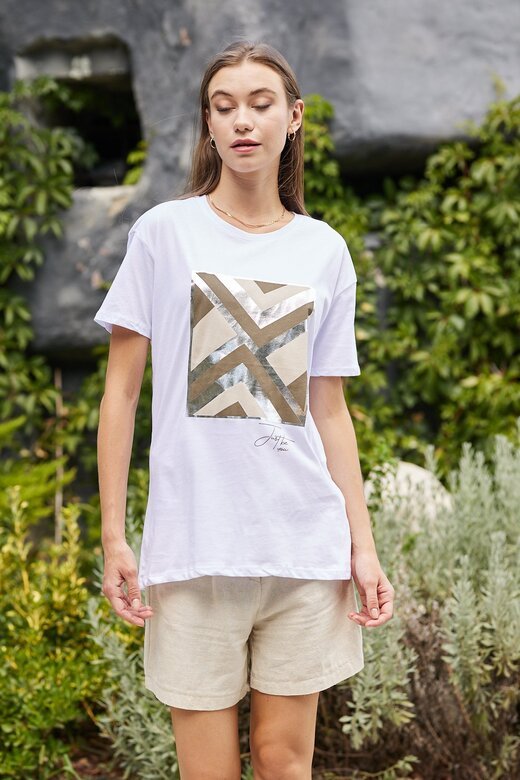 Pachie Yaldızlı Geometrik Baskılı Beyaz Renk shirt (PC0073)