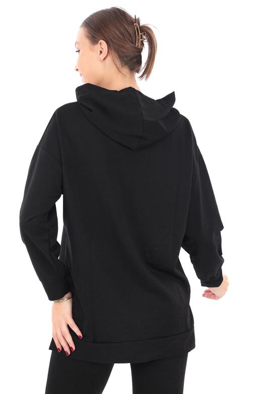 Pachie Kapüşonlu Cepli Siyah Renk İki İplik Sweatshirt (PCST048)