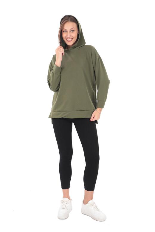 Pachie Kapüşonlu Cepli Haki Yeşil İki İplik Sweatshirt (PCST049)