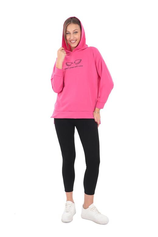 Pachie Kapüşonlu Önü Kanat Detaylı Pembe Sweatshirt (PCST051)