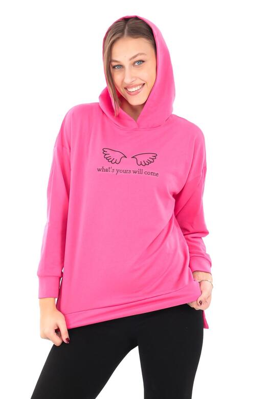 Pachie Kapüşonlu Önü Kanat Detaylı Pembe Sweatshirt (PCST051)