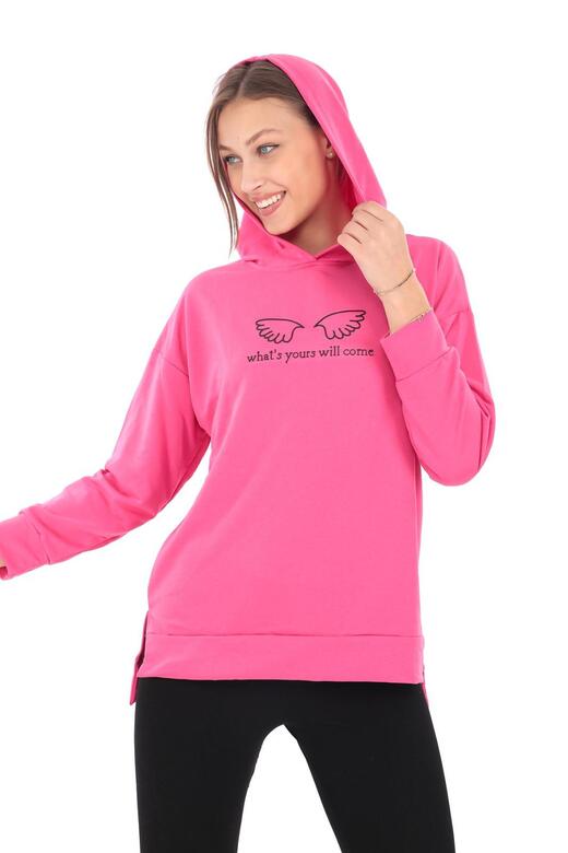 Pachie Kapüşonlu Önü Kanat Detaylı Pembe Sweatshirt (PCST051)