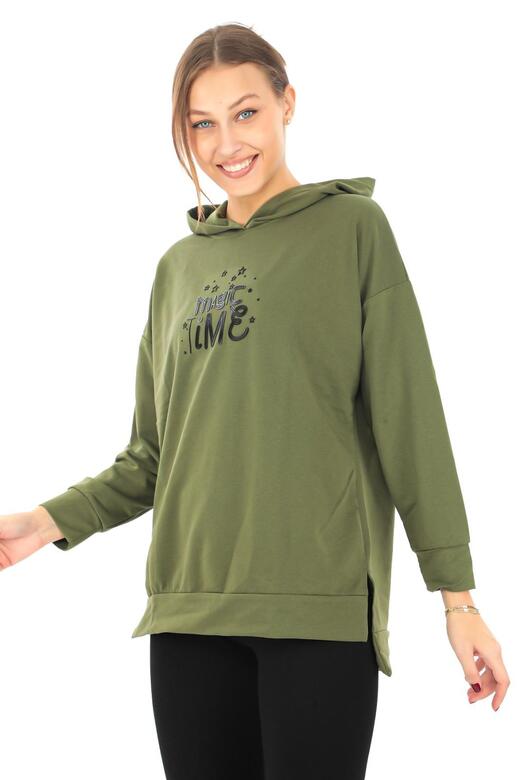 Pachie Kapüşonlu Önü Kanat Detaylı Haki Yeşil Sweatshirt (PCST053)