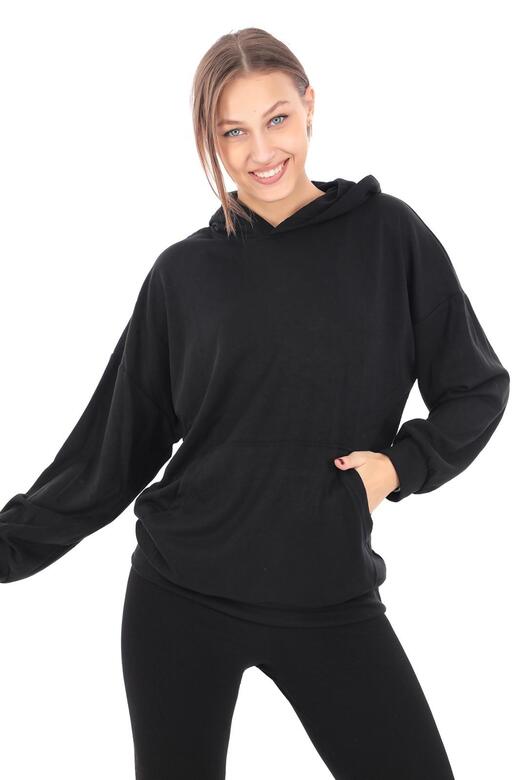 Pachie Kapüşonlu Oversize Siyah Renk Kadın Sweatshirt (PCST058)