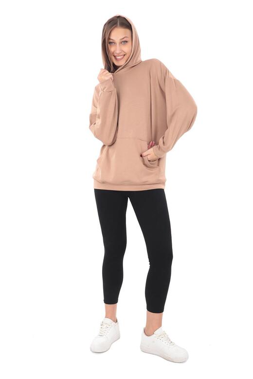 Pachie Kapüşonlu Oversize Vizon Renk Kadın Cepli Sweatshirt (PCST059)