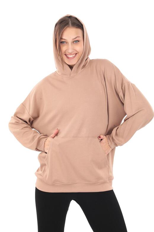 Pachie Kapüşonlu Oversize Vizon Renk Kadın Cepli Sweatshirt (PCST059)