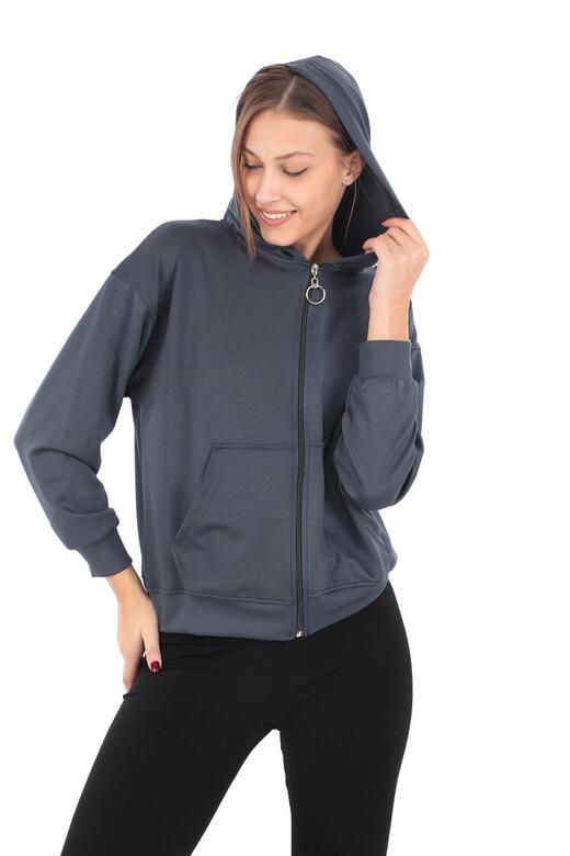 Pachie Kapüşonlu Fermuarlı Cepli Lacivert Kadın Sweatshirt (PCST066)