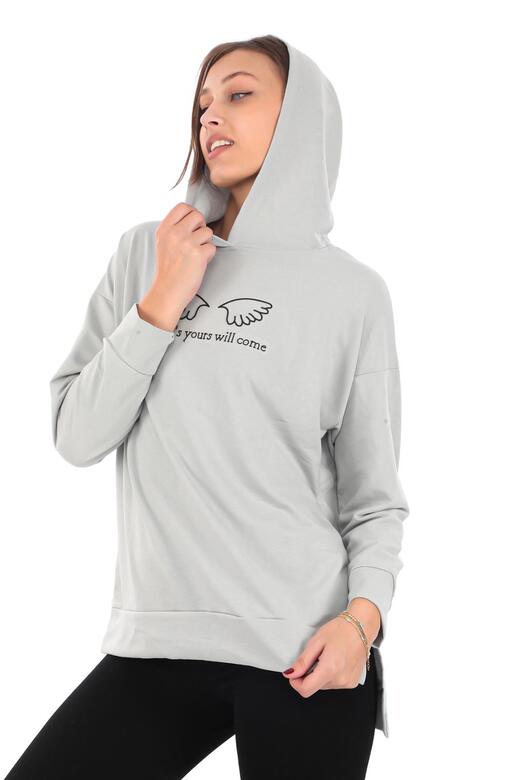 Pachie Kapüşonlu Önü Kanat Detaylı Gri Kadın Sweatshirt (PCST069)