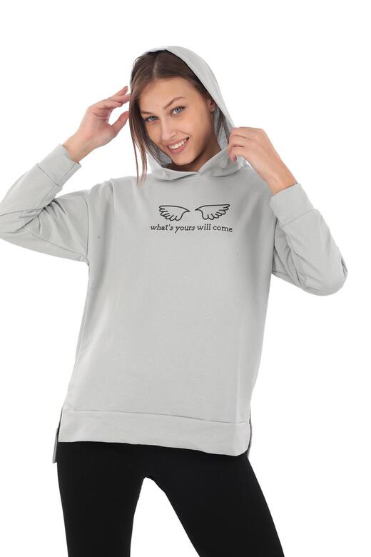 Pachie Kapüşonlu Önü Kanat Detaylı Gri Kadın Sweatshirt (PCST069)