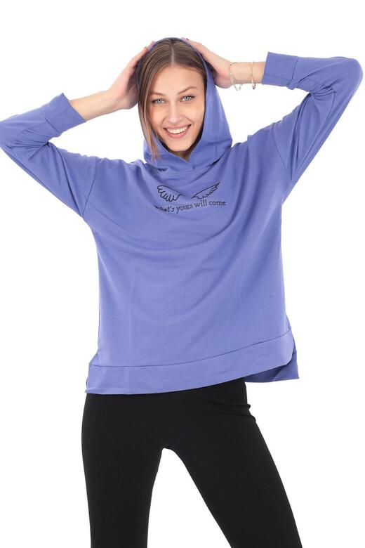 Pachie Kapüşonlu Önü Kanat Detaylı Kadın Mor Renk Sweatshirt (PCST070)