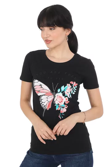 Pachie Butterfly Baskılı Siyah T-shirt (PC0014)