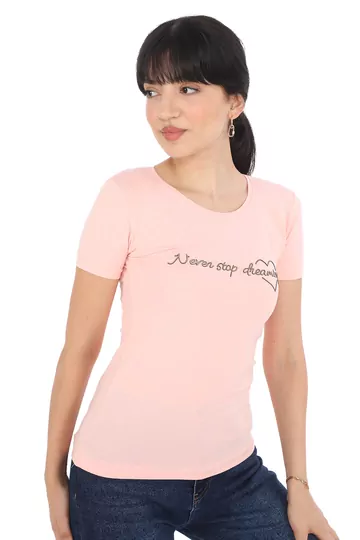 Pachie Önü Parlak Yazı Baskılı Basic Toz Pembe T-shirt (PC0010)