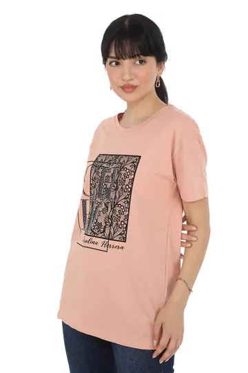 Pachie  Taşlı  CH Baskılı Somon Renk Basic T-shirt (PC0012)