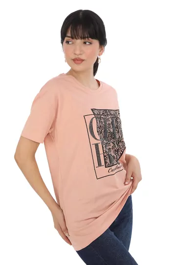 Pachie  Taşlı  CH Baskılı Somon Renk Basic T-shirt (PC0012)