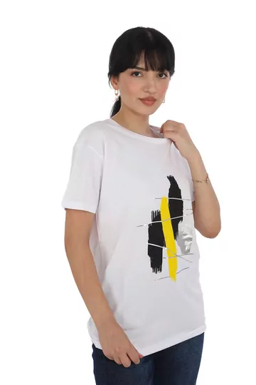 Pachie Önü Gri-Sarı Baskılı Beyaz Renk Basic T-shirt (PC0013)