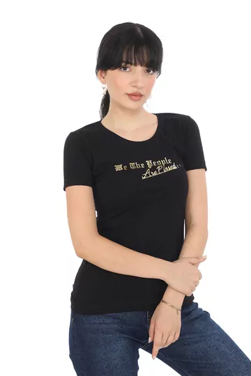 Pachie Önü Parlak Yazı Baskılı Siyah Renk Basic T-shirt (PC0016)