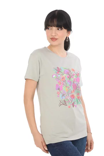 Pachie Çiçek Baskılı Gri T-shirt (PC0017)