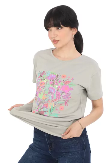 Pachie Çiçek Baskılı Gri T-shirt (PC0017)