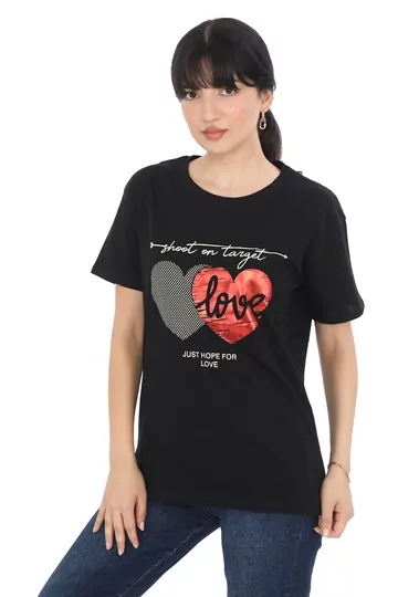 Pachie Love Yazılı Kalp Baskılı Siyah T-shirt (PC0023)