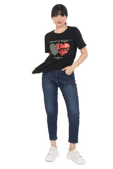 Pachie Love Yazılı Kalp Baskılı Siyah T-shirt (PC0023)