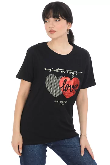 Pachie Love Yazılı Kalp Baskılı Siyah T-shirt (PC0023)