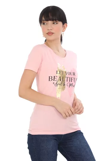 Pachie Beutiful Yazı Baskılı Toz Pembe T-shirt (PC0035)