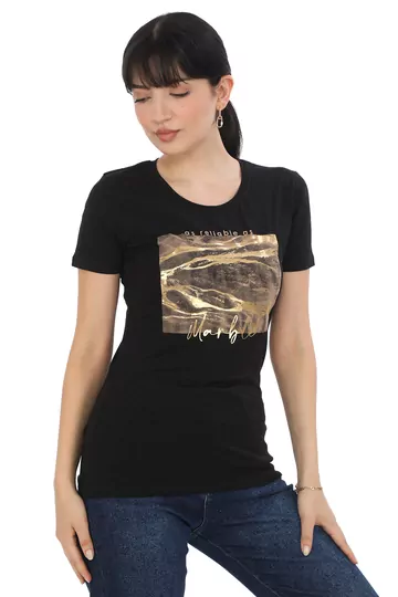 Pachie Marble Yazı Bakılı Siyah Basic T-shirt (PC0042)