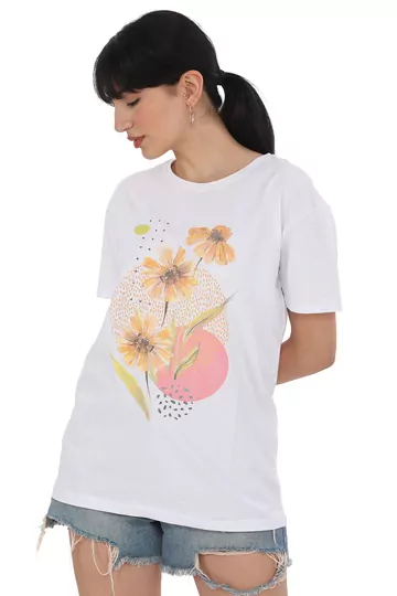 Pachie Çicek Baskılı Beyaz Basic T-shirt (PC0044)