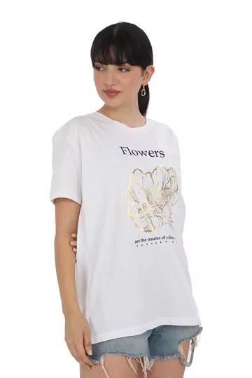 Pachie Flowers Yazı Baskılı Beyaz T-shirt (PC0054)