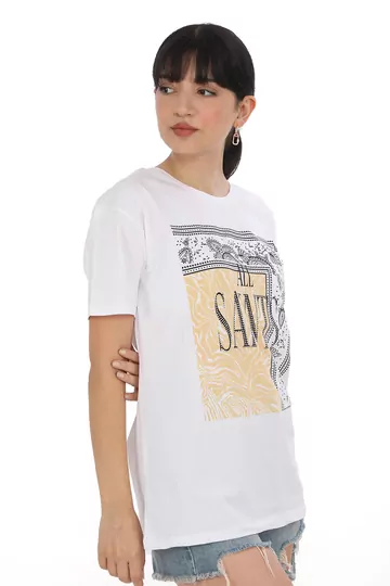 Pachie Taş Detaylı All SAINTS Yazı Baskılı Beyaz T-shirt (PC0063)