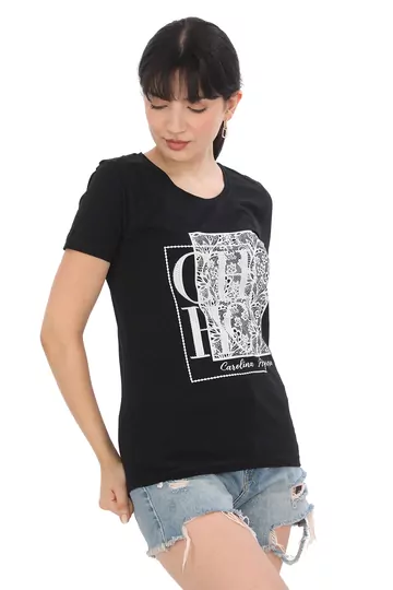 Pachie CH taş Baskılı Siyah Basic T-shirt (PC0065)