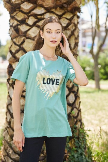 Pachie Önü Kalpli Love Yazı Baskılı Yaşil shirt (PC0069)