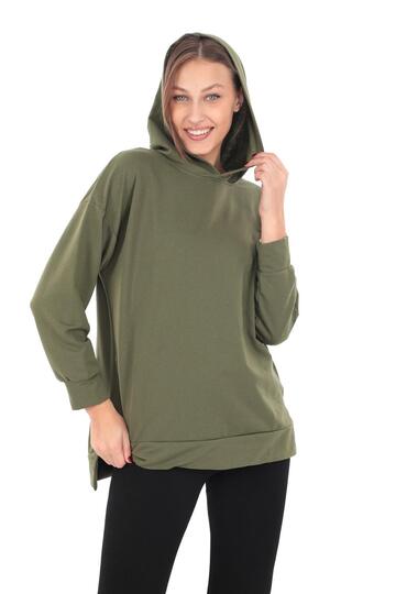 Pachie Kapüşonlu Cepli Haki Yeşil İki İplik Sweatshirt (PCST049)