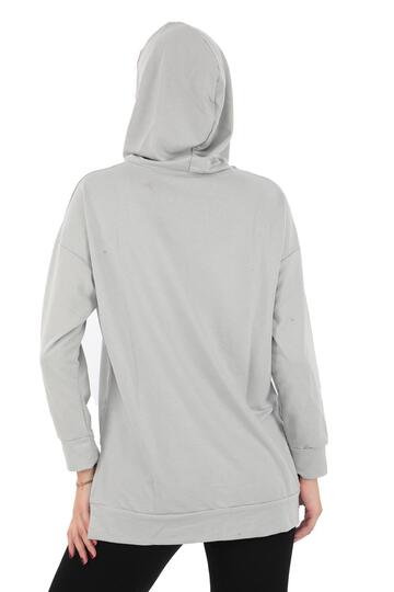 Pachie Kapüşonlu Önü Kanat Detaylı Gri Kadın Sweatshirt (PCST069)