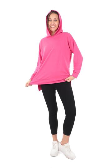 Pachie Kapüşonlu Yanları Yırtmaçlı Pembe Renk Kadın Sweatshirt (PCST073)