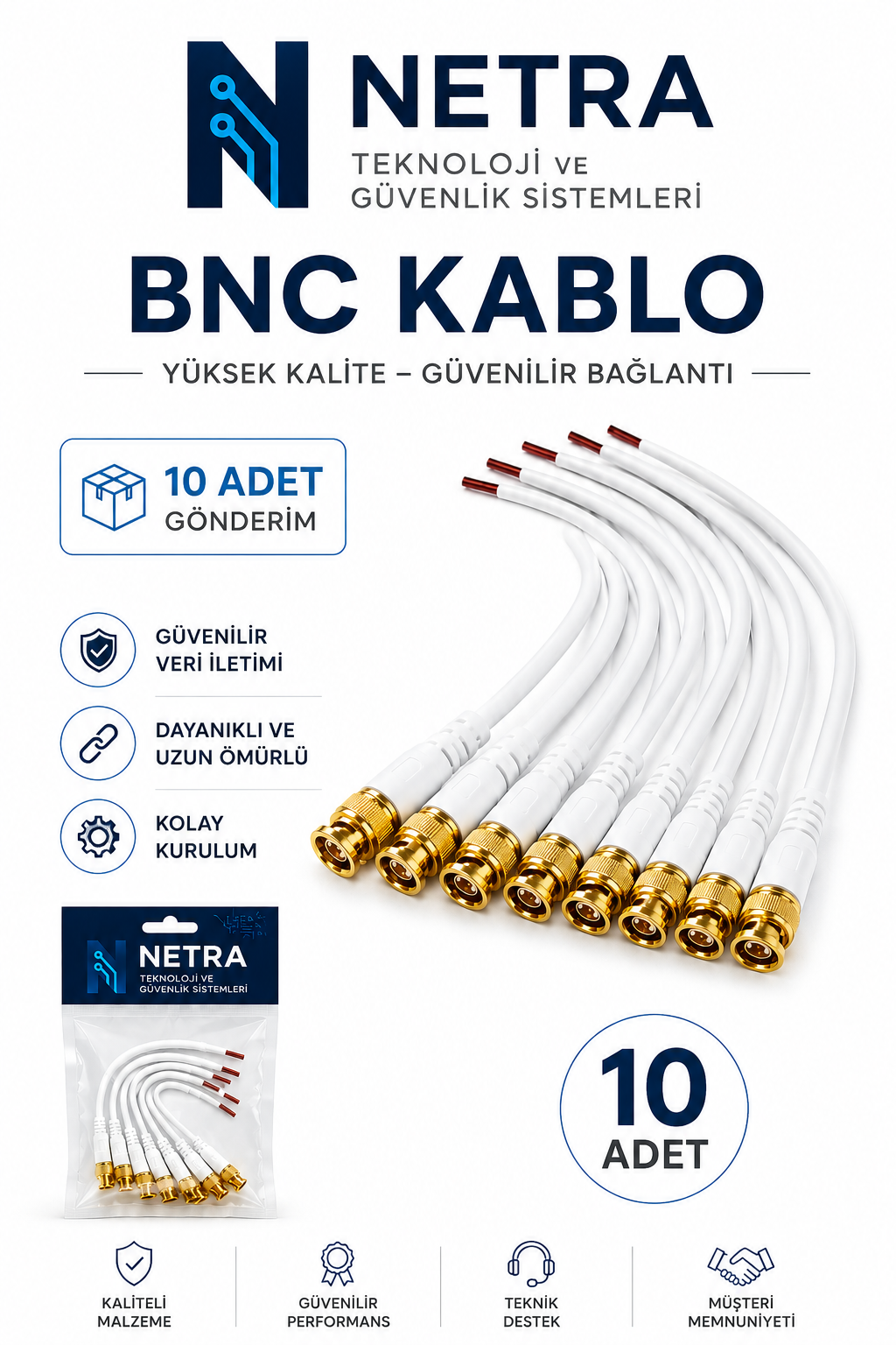 10 Hazır Kalın Kesit Kablolu Beyaz BNC Konnektör Modeli Yüksek Performanslı