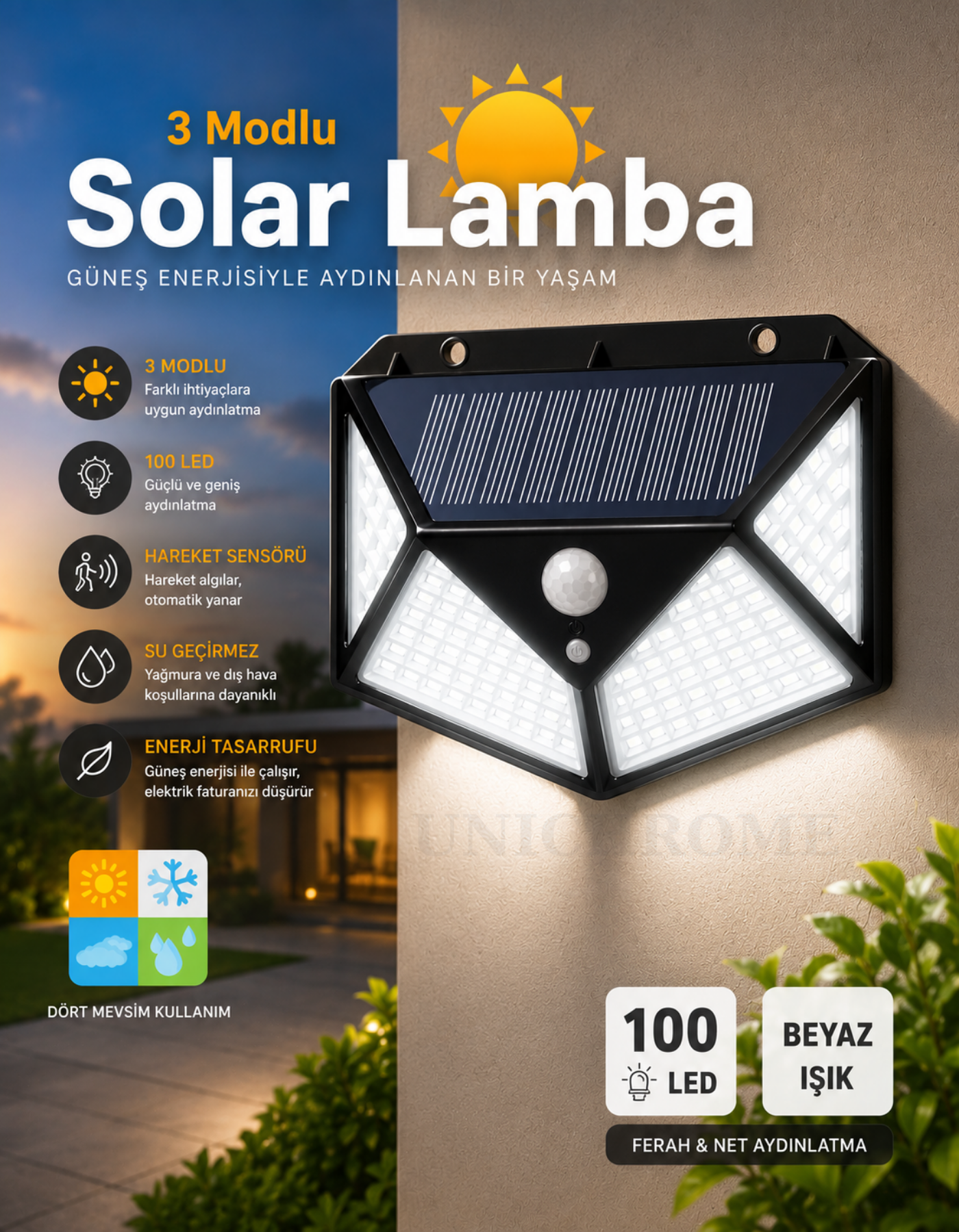 100 LED Solar PIR Hareket Sensörlü Su Geçirmez Duvar Lambası IP65