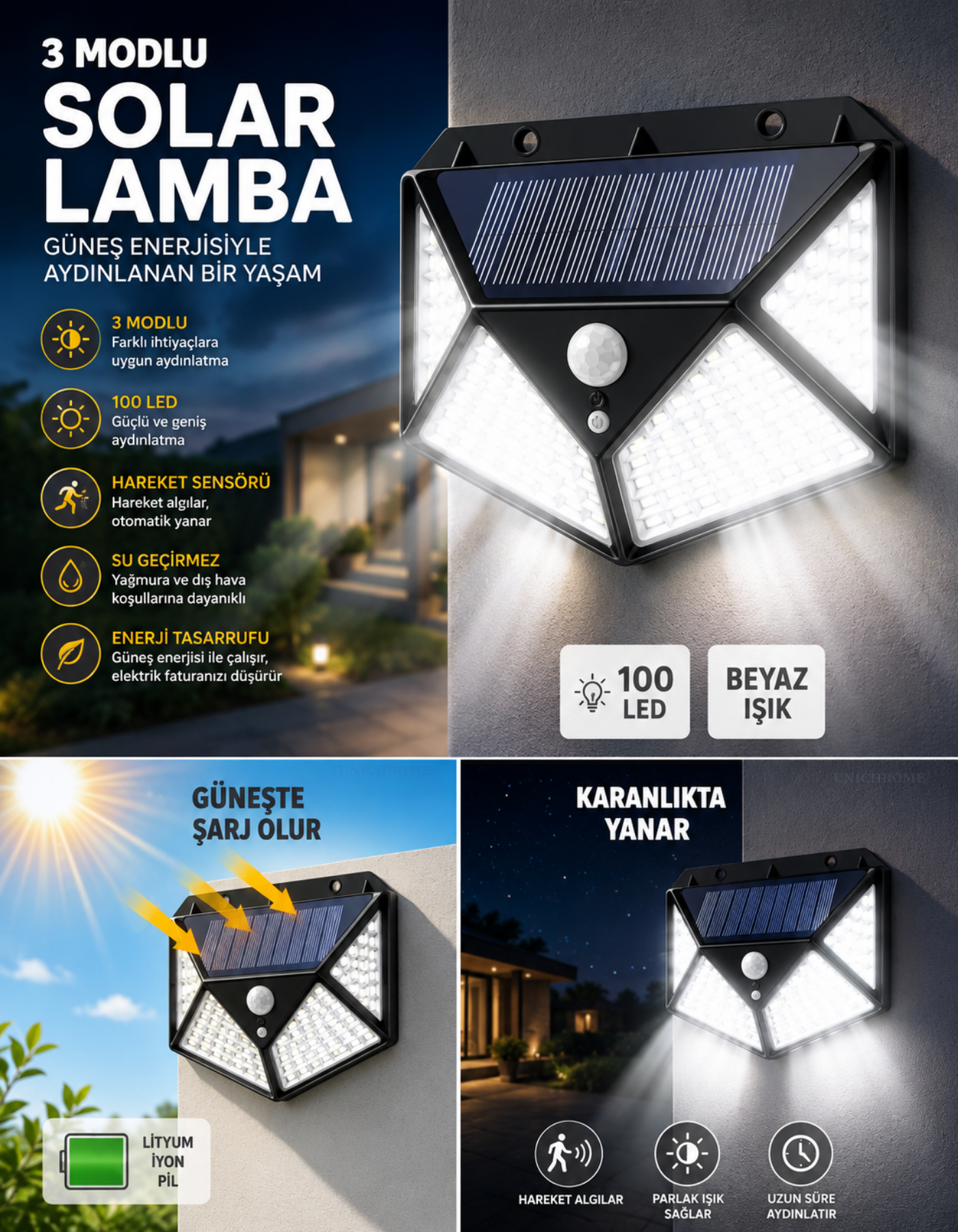 100 LED Solar PIR Hareket Sensörlü Su Geçirmez Duvar Lambası IP65