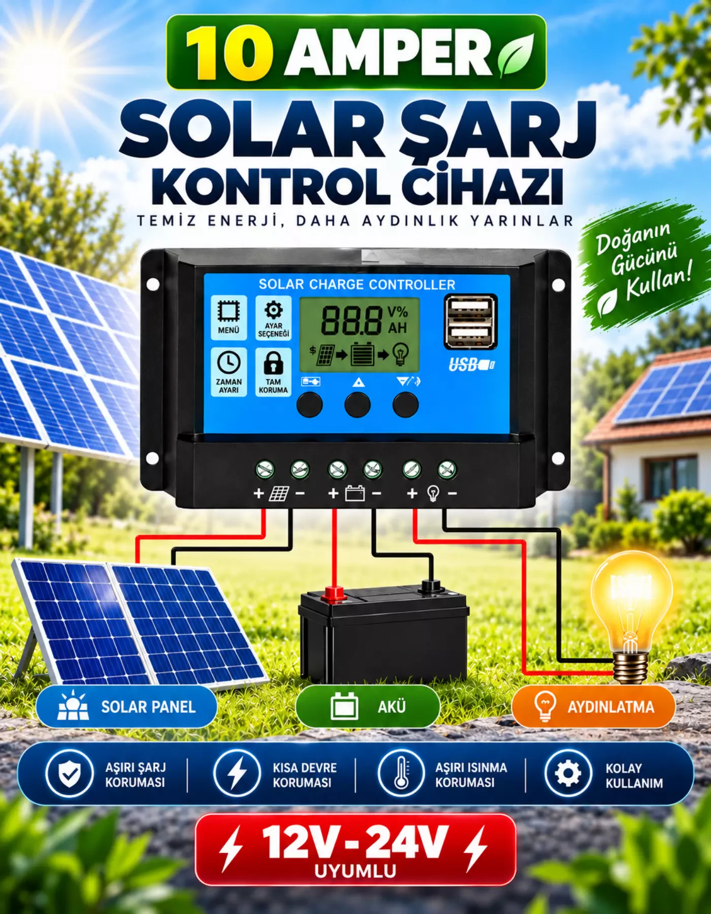 10A Dijital Solar Şarj Akü Kontrol Cihazı Güneş Enerjisi USBli