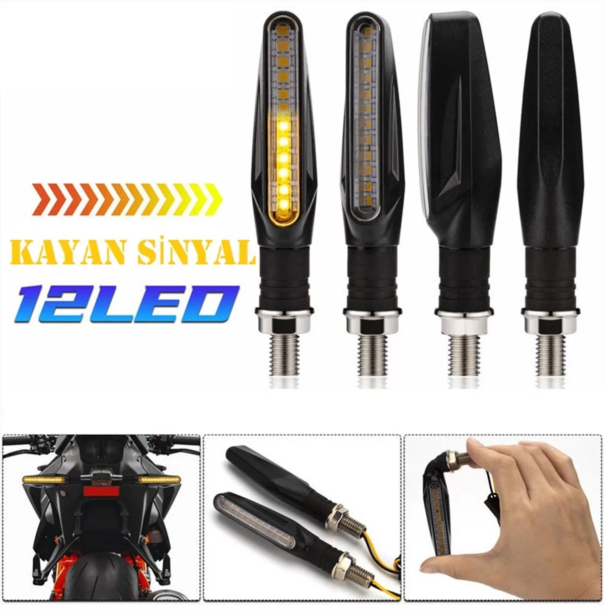 12 Led Motosiklet Sinyal Takımı Sarı Renk Kayar DRL Sinyal Farı Seti