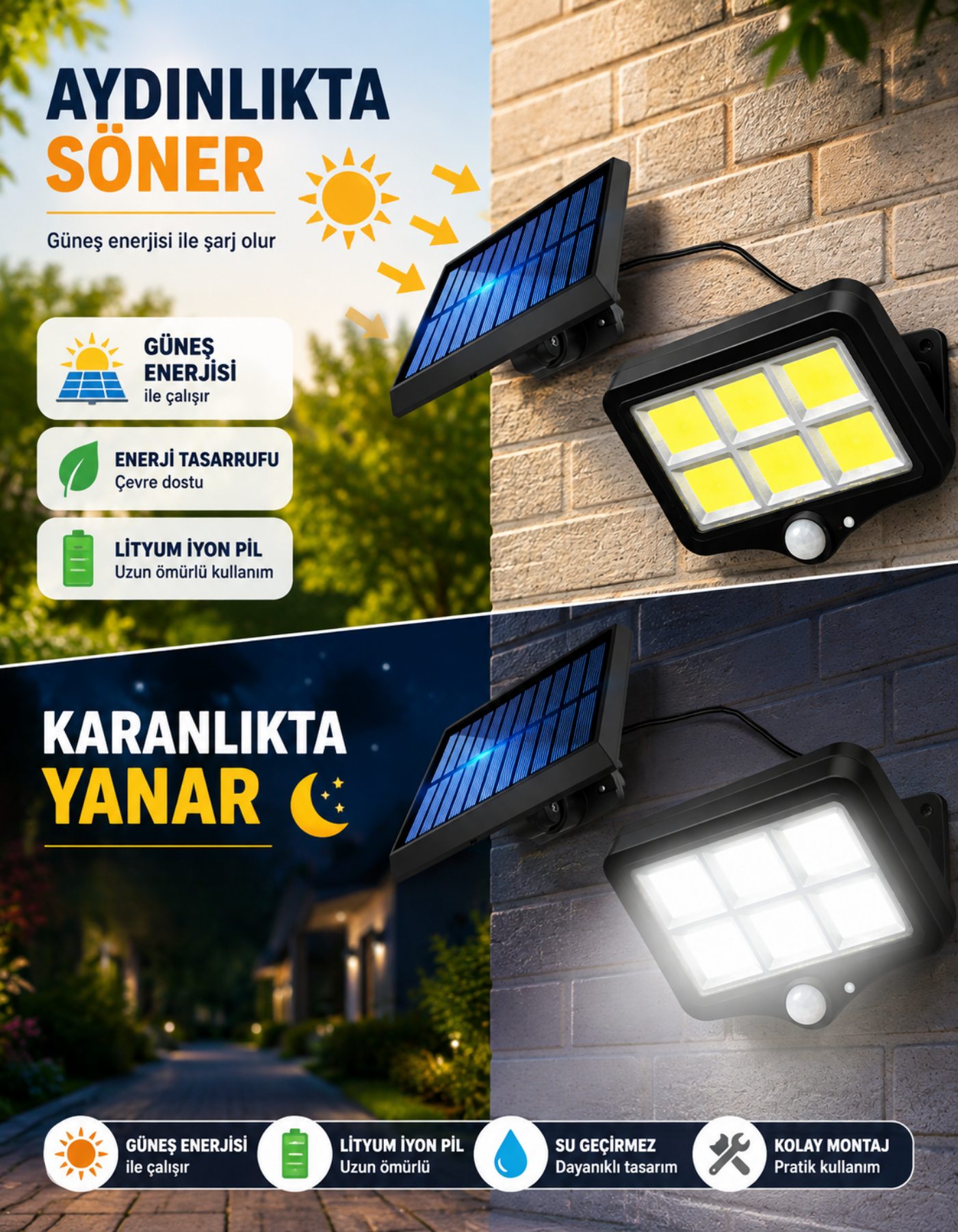 120 COB LED Solar Panel Güneş Enerjili 3 MOD Duvar Lambası Bahçe