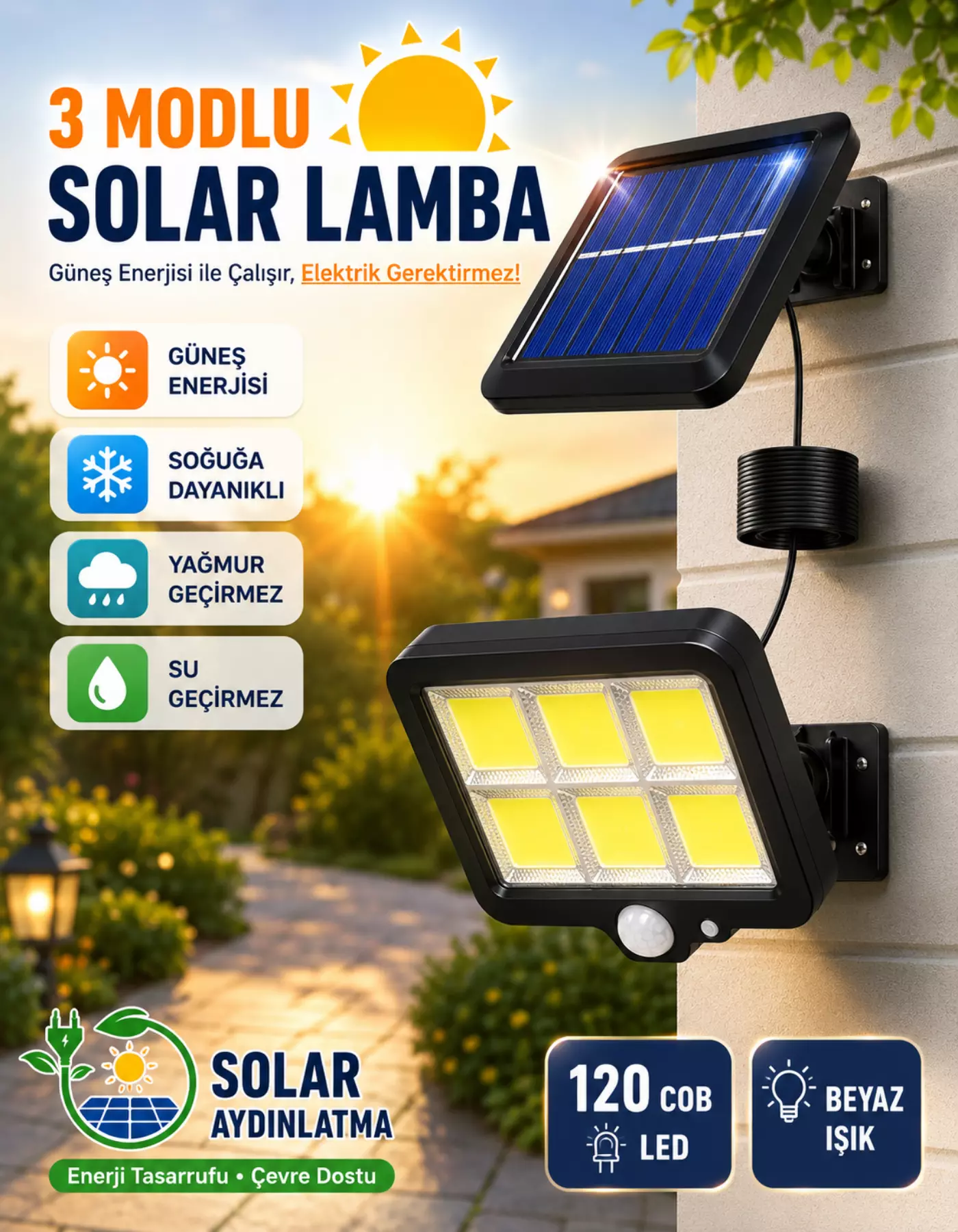 120 COB LED Solar Panel Güneş Enerjili 3 MOD Duvar Lambası Bahçe