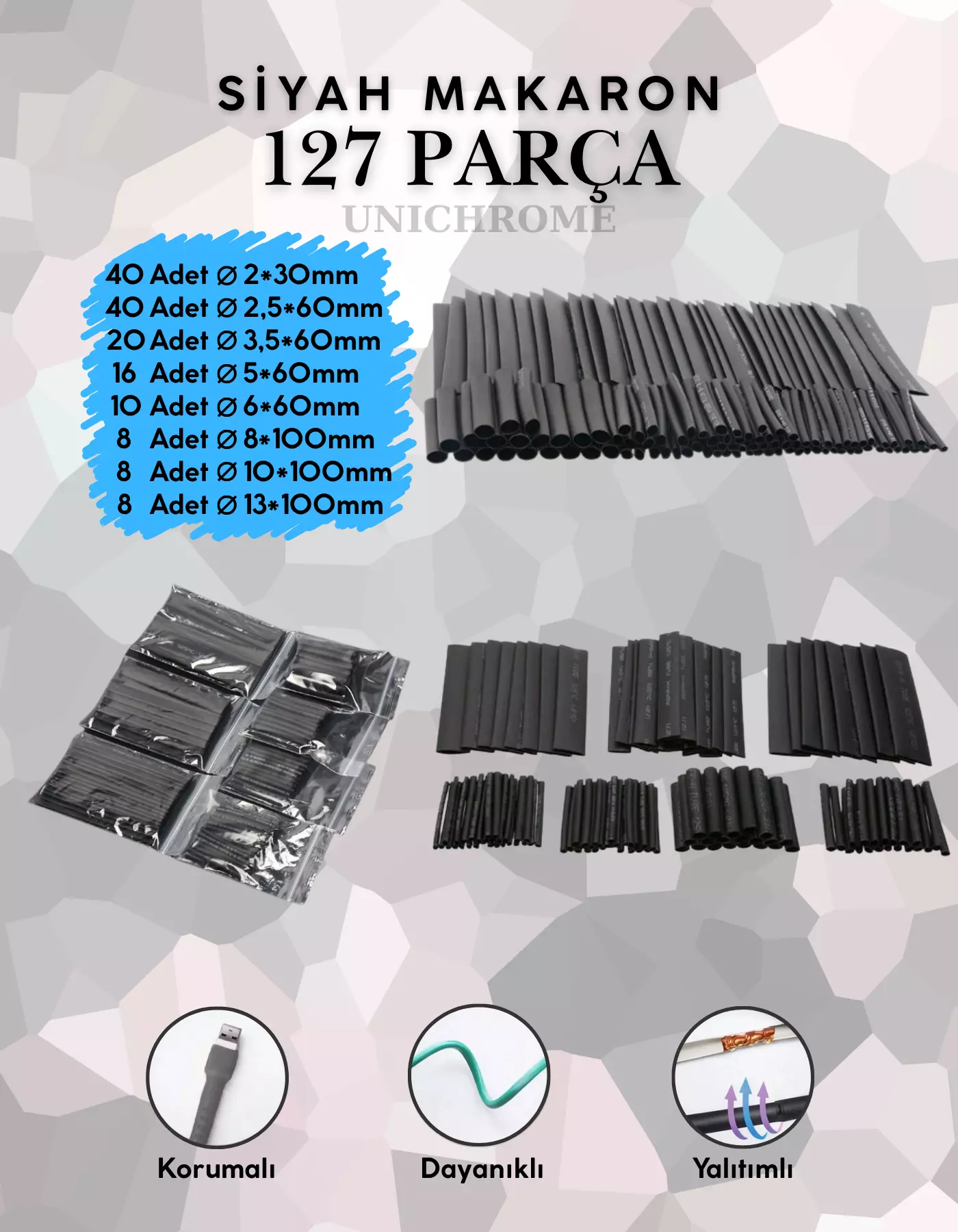 127 Parça Siyah Heat Shrink Makaron Isıyla Daralan Kablo Tamir Seti