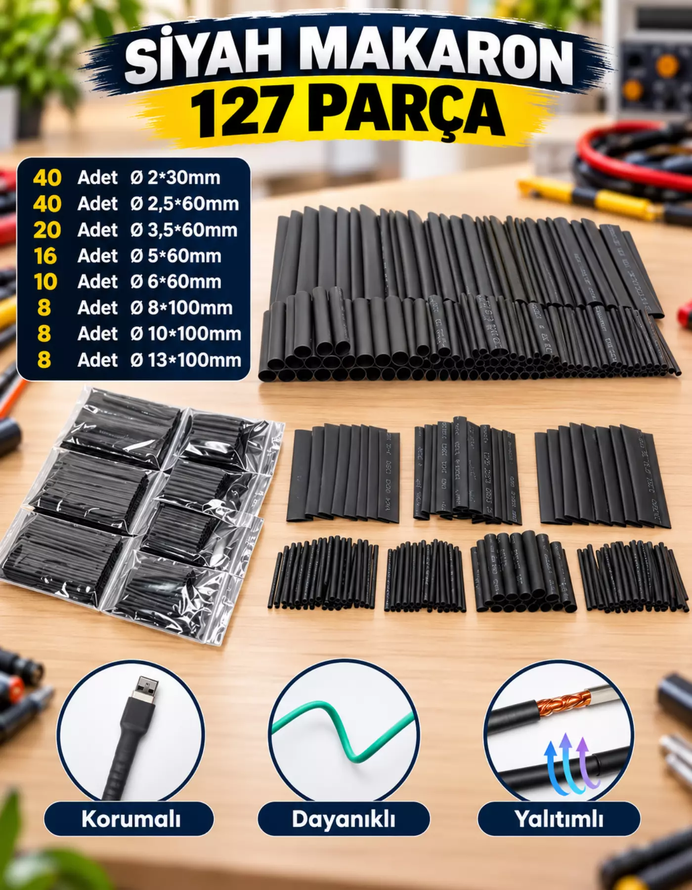 127 Parça Siyah Heat Shrink Makaron Isıyla Daralan Kablo Tamir Seti