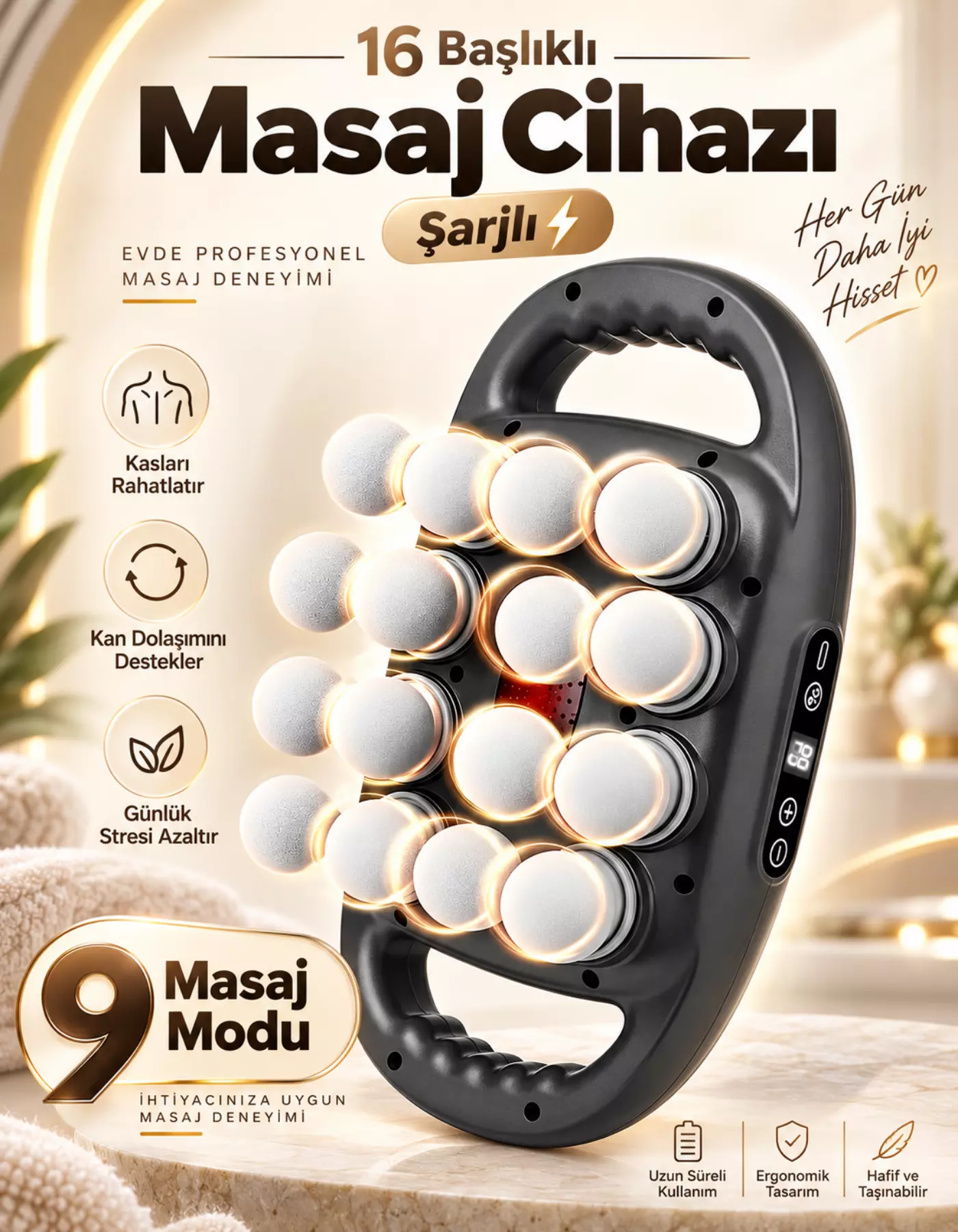 16 Başlıklı Masaj Cihazı Boyun Sırt Kol Bacak Masaj Aleti Ayarlanabilir Hız ve Değiştirilebilir Mod