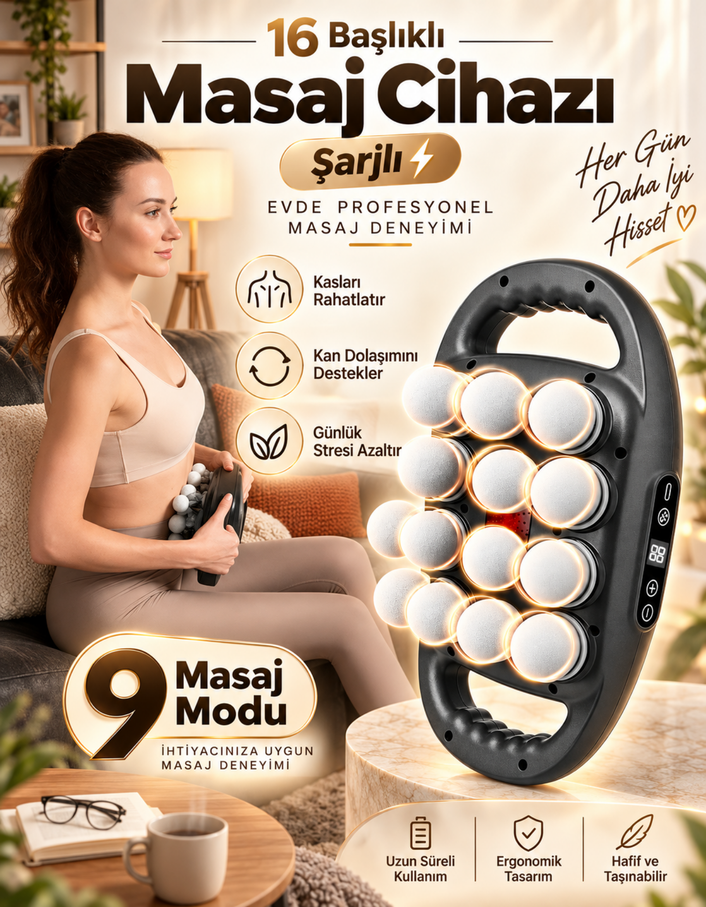 16 Başlıklı Masaj Cihazı Boyun Sırt Kol Bacak Masaj Aleti Ayarlanabilir Hız ve Değiştirilebilir Mod
