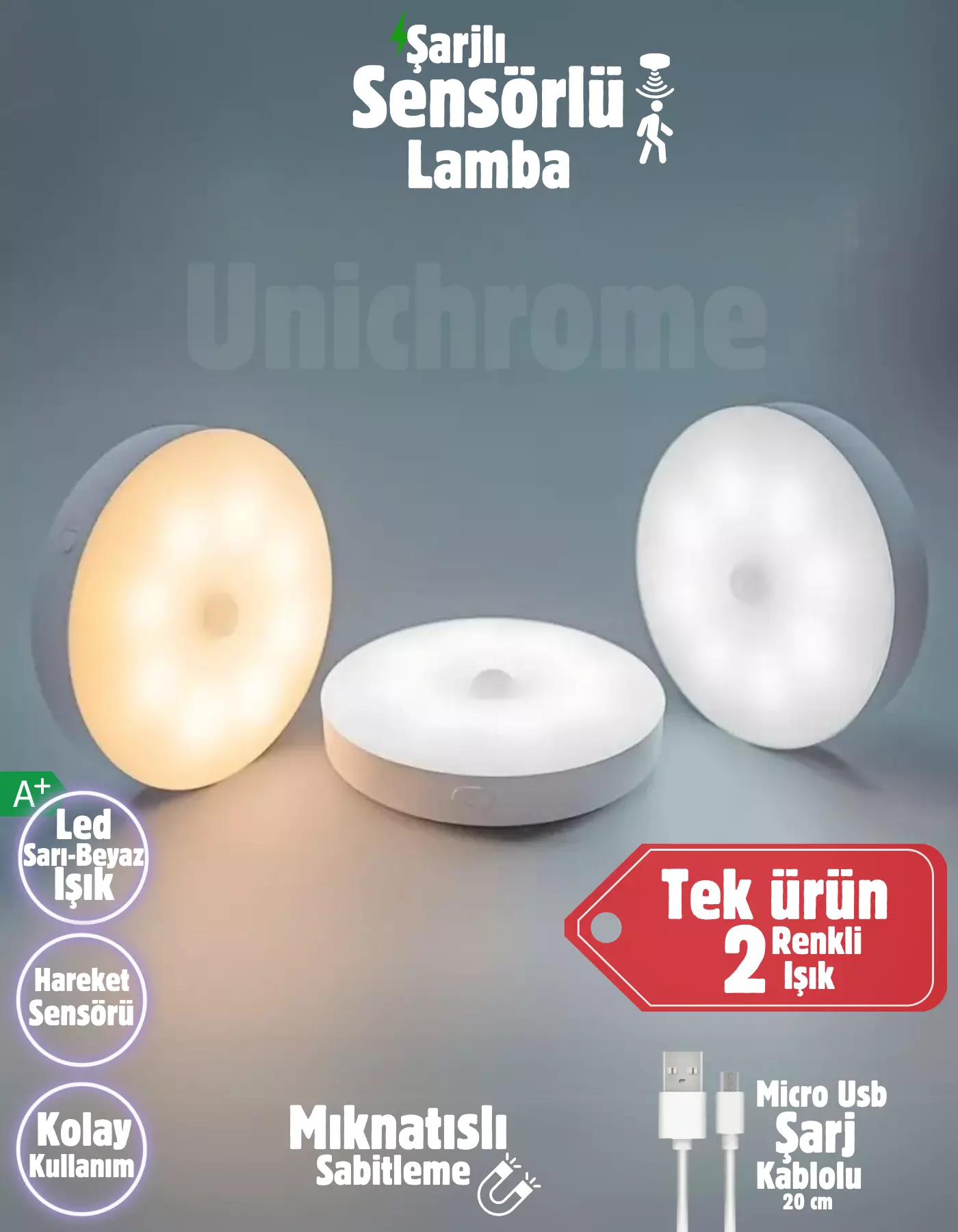2 Renkli Hareket Sensörlü USB Şarj Edilebilir LED Işık Dolap İçi Gece Lambası